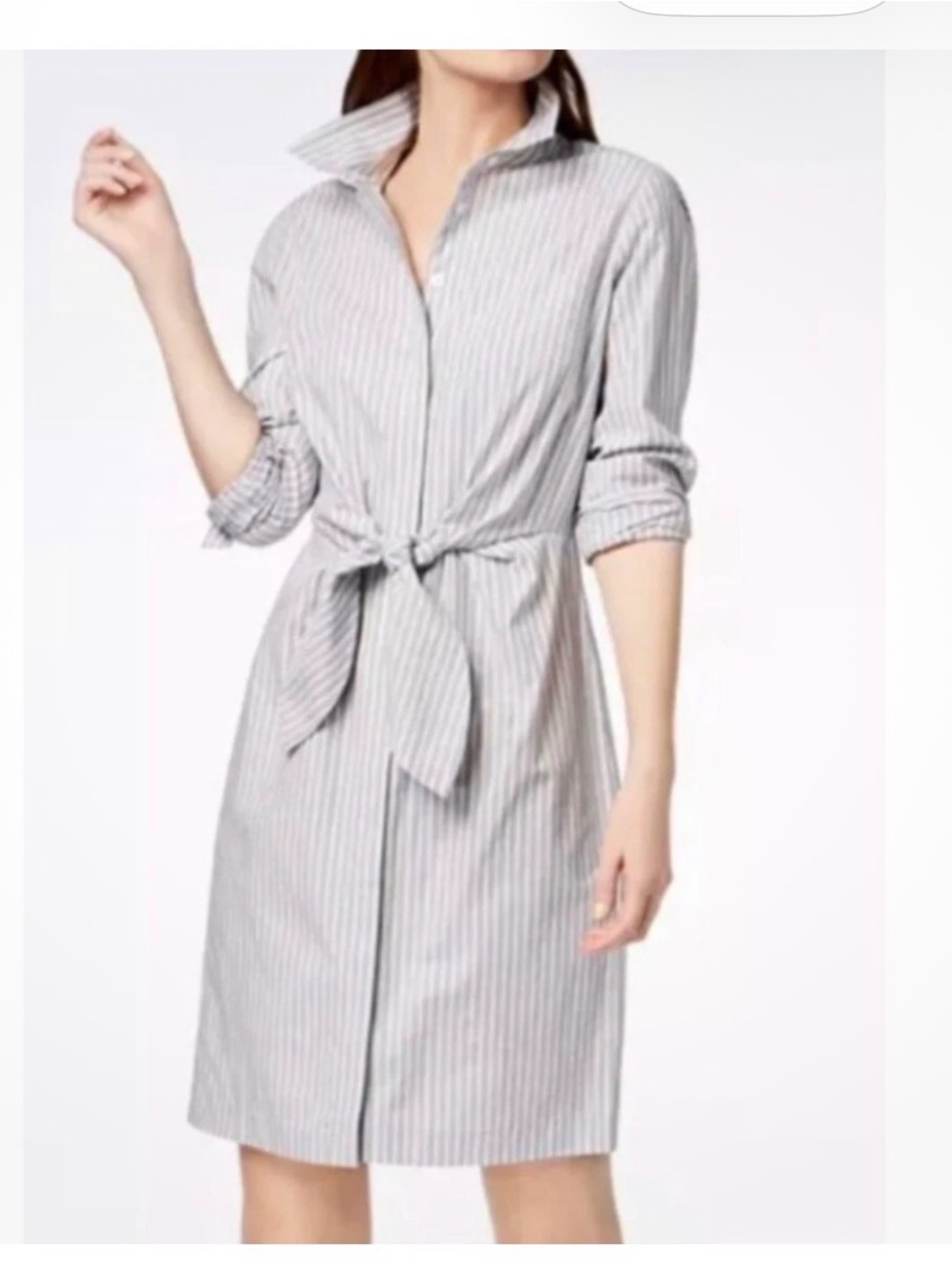 Calvin Klein White and Blue Pinstripe Shirt Dress with Tie Waist Sz